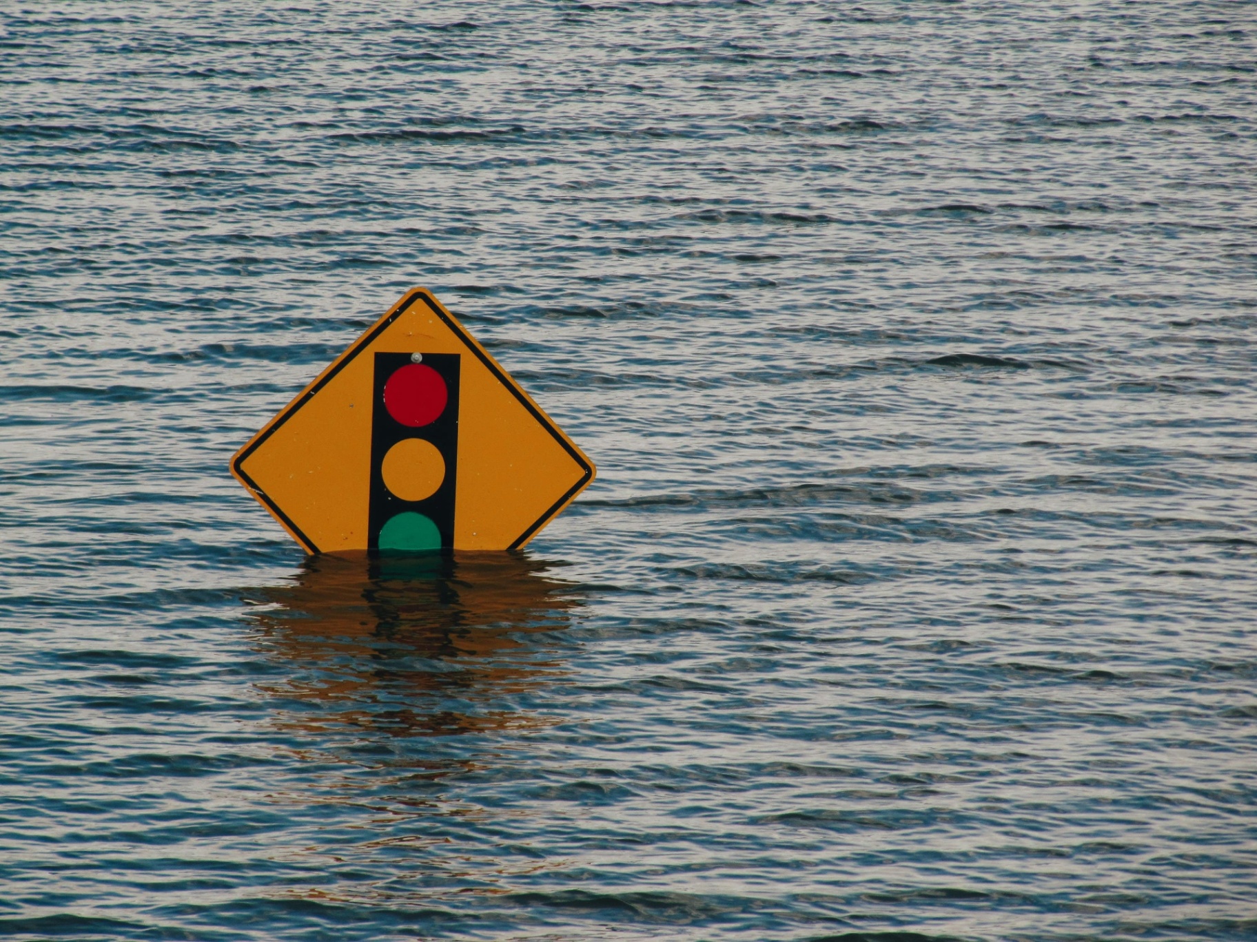 Traffic-light sign submerged in floodwater