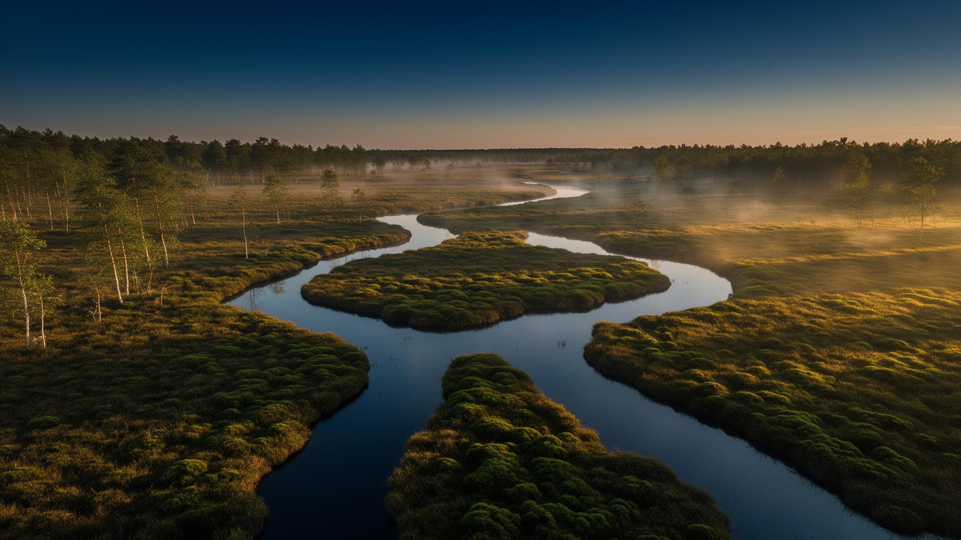 Restored European peatland at dawn